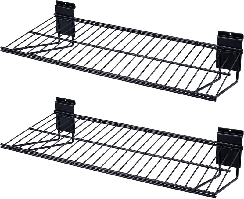 BAKEWAY 24-Inch Width Slatwall Shelves, Duty Storage Slatwall Shelf, Slat Wall Wire Shelf, Black Slatwall Accessories -2 Pack - Image 1
